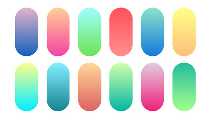Beautiful gradient collection. Multicolor green purple yellow orange pink cyan circle gradients, colorful soft round buttons vector set 