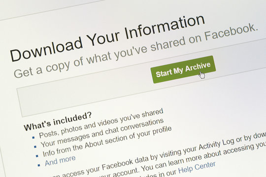 Closeup on "Download your information" area on facebook website.