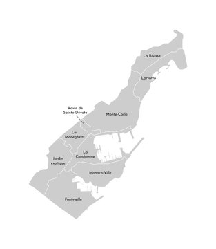 Vector isolated illustration of simplified administrative map of Monaco. Borders and names of the regions. Grey silhouettes. White outline