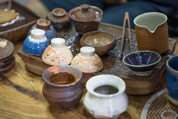 Asian tea set a wooden table