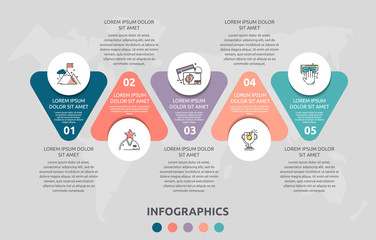 Vector infographic flat template triangle and circle for five paper label, diagram, graph, presentation. Business concept with 5 options. Blank space for content, step for step, timeline, marketing