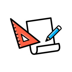 Notes, pencil and ruler icon cartoon, simple line art, editable stroke. Sketch on paper, blueprints concept. Back to school vector drawing.