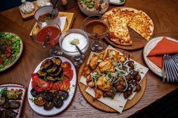 Set of Georgian food. Kebab of chicken and pork
