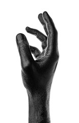 Black hand on white background, isolated, paint. ..Male hand isolated on black background. Hand...