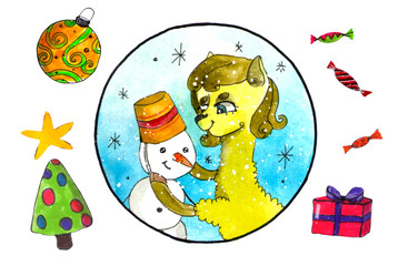 Set of nice llama with snowman, star, sweets, ball and christmas tree. Funny watercolor sketch cartoon Alpaca. Cute Lama isolated on white background, hand drawn illustration. Christmas, Nativity