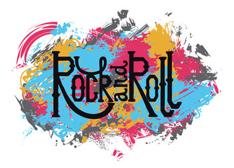 Rock and roll. Vintage hand drawn lettering on grunge abstract background. Retro vector illustration. Design, retro card, print, t-shirt, postcard