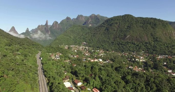 Great road straight. Only one way. Exotic Mountains, Wonderful Mountains. Mountain of the Finger of God. city of Teresopolis, state of Rio de Janeiro, Brazil, South America. 
