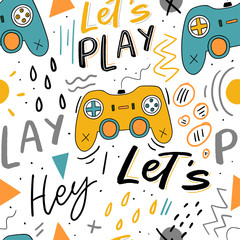 Let's play kids seamless pattern with joystick for print, textile, wallpaper. Modern illustration with hand lettering background. - 286479218