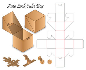 Auto Lock Box packaging die cut template design. 3d mock-up