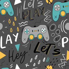 Let's play kids seamless pattern with joystick for print, textile, wallpaper. Modern illustration with hand lettering background.