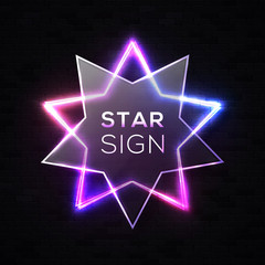 Shining light neon star background on black brick wall. Colorful electric border, plastic transparent plate. Glowing color star sign. Technology element design. Bright illuminated vector illustration.
