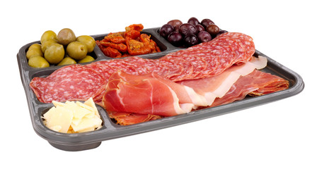Tray selection of Italian antipasti with plump olives, sweet tomatoes, smoky and garlic infused meats and tangy cheese isolated on a white background
