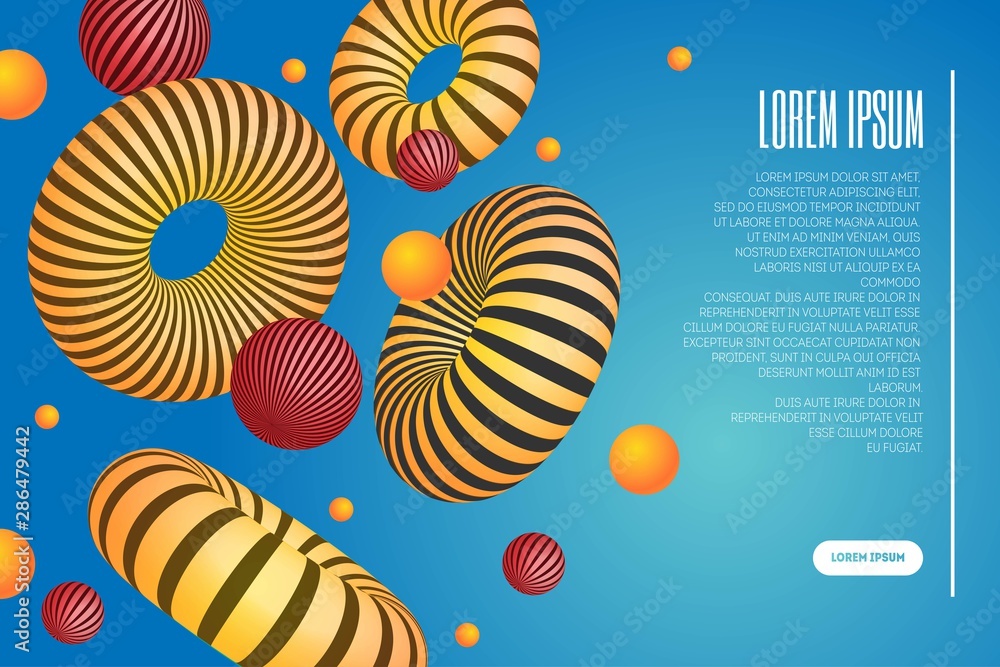 Poster website or mobile app landing page with illustration of 3d abstract shapes and torus. minimal geomet