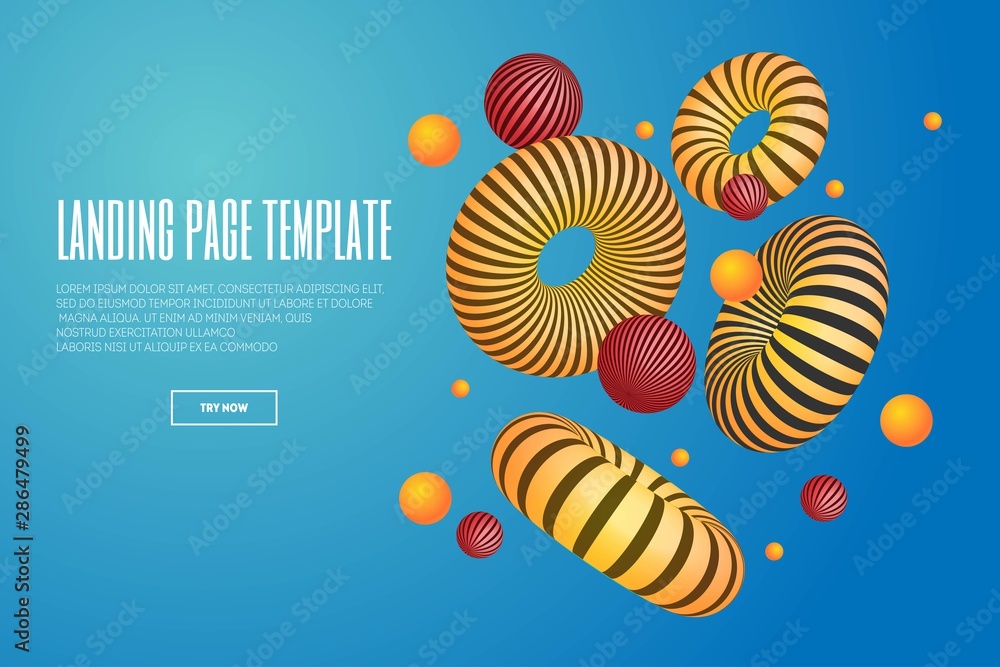 Poster website or mobile app landing page with illustration of 3d abstract shapes and torus. minimal geomet