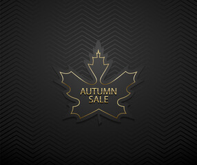 Autumn sale vector luxury banner. Golden text and frame on black maple leaf frame. Dark geometric zigzag pattern background