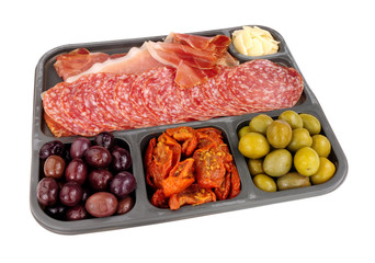 Tray selection of Italian antipasti with plump olives, sweet tomatoes, smoky and garlic infused meats and tangy cheese isolated on a white background
