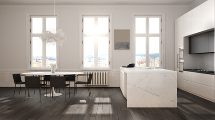 Minimalist white and black kitchen in classic room with moldings, parquet floor, dining table with chairs, marble island and panoramic windows. Modern architecture interior design