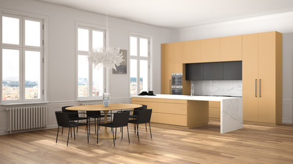 Minimalist orange and black kitchen in classic room with moldings, parquet floor, dining table with chairs, marble island and panoramic windows. Modern architecture interior design