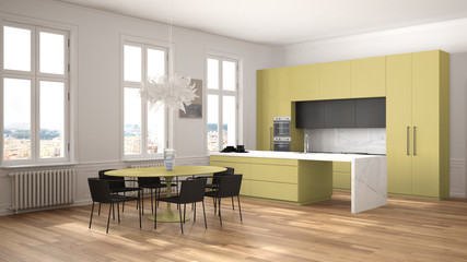 Minimalist yellow and black kitchen in classic room with moldings, parquet floor, dining table with chairs, marble island and panoramic windows. Modern architecture interior design