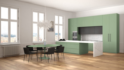 Minimalist green and black kitchen in classic room with moldings, parquet floor, dining table with chairs, marble island and panoramic windows. Modern architecture interior design