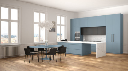 Minimalist blue and black kitchen in classic room with moldings, parquet floor, dining table with chairs, marble island and panoramic windows. Modern architecture interior design