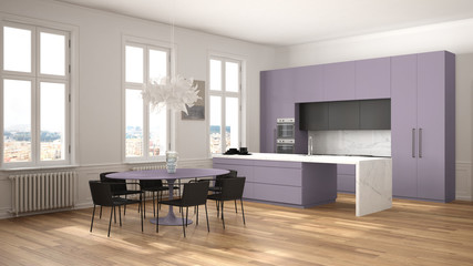 Minimalist violet and black kitchen in classic room with moldings, parquet floor, dining table with chairs, marble island and panoramic windows. Modern architecture interior design