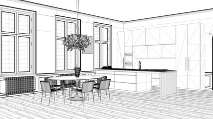 Blueprint project draft, minimalist kitchen in classic room with moldings, parquet floor, dining table with chairs, modern architecture interior design concept idea