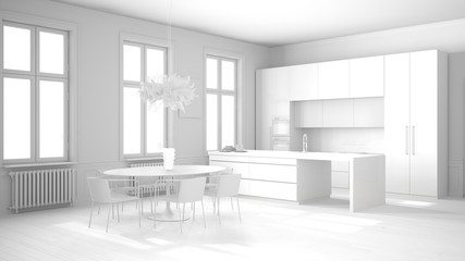 Total white project draft of minimalist kitchen in classic room, parquet floor, dining table, chairs, island and panoramic windows, modern architecture concept idea