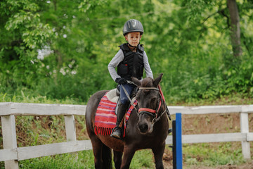 Playful little jockey boy riding adorable pony at sunny day on ranch.