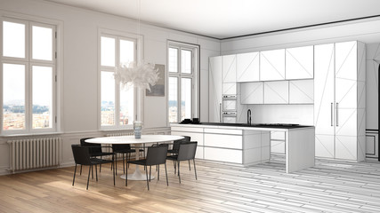 Architect interior designer concept: unfinished project that becomes real, kitchen in classic room, parquet, dining table, chairs, island and windows, modern architecture concept idea