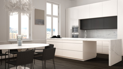 Minimalist white and black kitchen in classic room with moldings, parquet floor, dining table with chairs, marble island and panoramic windows. Modern architecture interior design