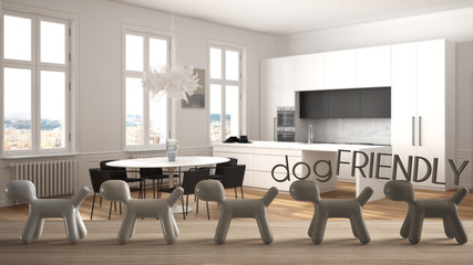 Wooden table top or shelf with line of stylized dogs, dog friendly concept, love for animals, animal dog proof home, modern white kitchen with dining table, cool interior design