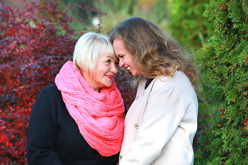 daughter and mother in autumn colorful park walk together