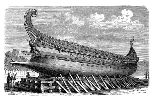 Ancient Roman trireme, a galley with three rows of oars dominant warship in the Mediterranean sea
