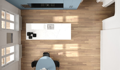 Minimalist blue and black kitchen in classic room, parquet floor, dining table, chairs, marble island and panoramic windows. Modern architecture interior design, top view