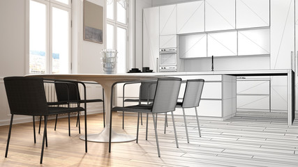 Architect interior designer concept: unfinished project that becomes real, kitchen in classic room, parquet, dining table, chairs, island and windows, modern architecture concept idea