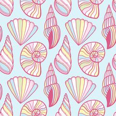 Shells vector pattern. Summer background in pastel colors. Seashells seamless pattern. Baby print for childish textile and wrapping design.