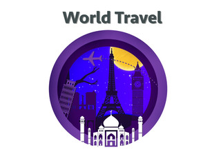 World travel paper cut concept. Vector travel origami paper cut banner. 