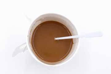 Top view of a paper cup of coffee on white background