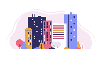 Urban landscape with large and little buildings and trees and bushes. Flat design style vector graphic illustration