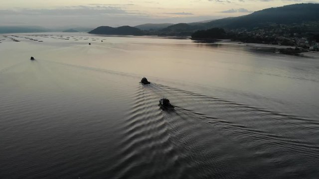 Aerial view of 5 mussel-boats sailing towards the mussel beds at dawn