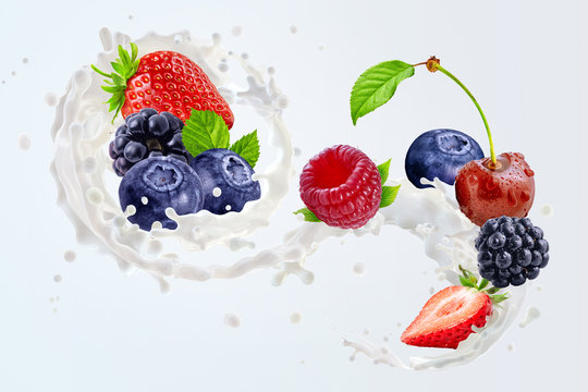 Fresh milk, milk shake, yogurt, cream 3D splash with ripe strawberry, cherry, blueberries, blackberries. Dairy product ad design elements with milk, yogurt, cream, forest fruits. Dairy label concept