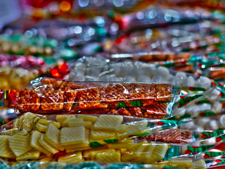 colorful, plastic wrapped candy with Bokeh effect