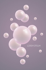 Abstract background with 3d spheres. Flying shining pearls on dark background.