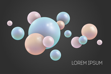 Abstract background with 3d spheres. Flying shining pearls on dark background.