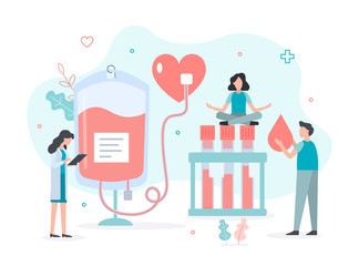 Little people are engaged in blood transfusion. A man holds a drop of blood. Flat vector illustration.