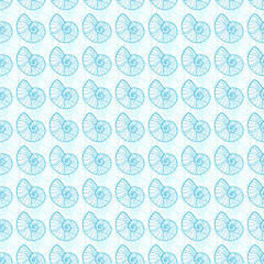 Shells seamless pattern. Nautical background in blue colors. Seashells pattern design.