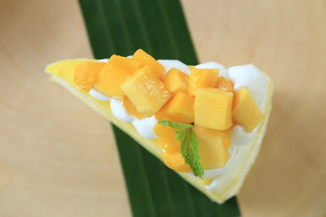 Mango cake with fresh mango piece on top.