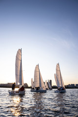 Sailboats and yachts on ocean or river water at sailing regatta in a bay in the evening during sunset - obrazy, fototapety, plakaty