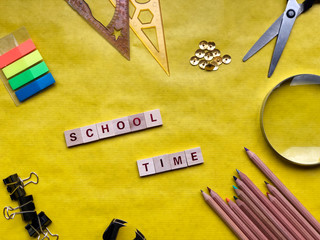 back to school mockup. School time concept. Yellow background with school supplies 